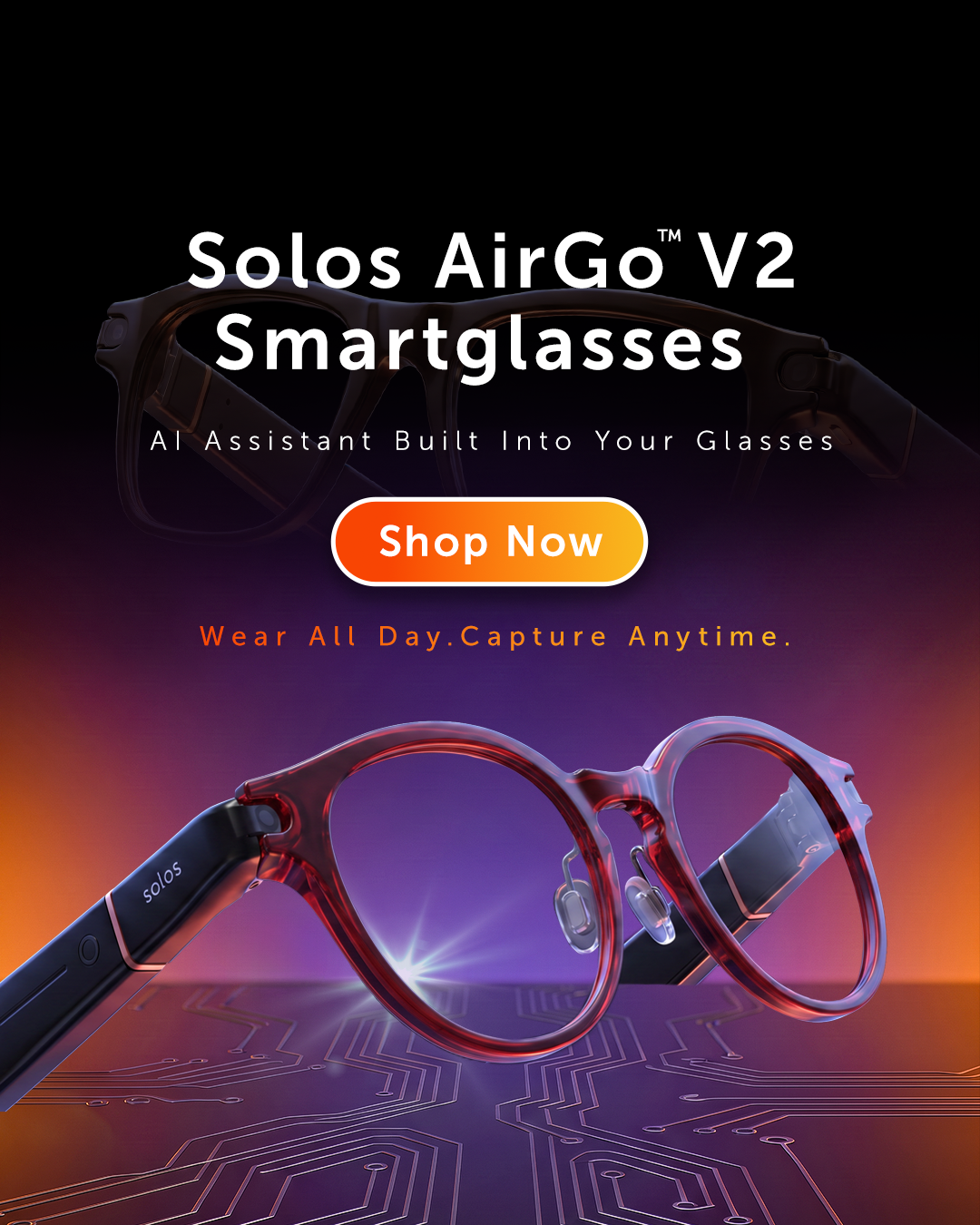 Solos AirGo V2 smartglasses with camera and micro-display